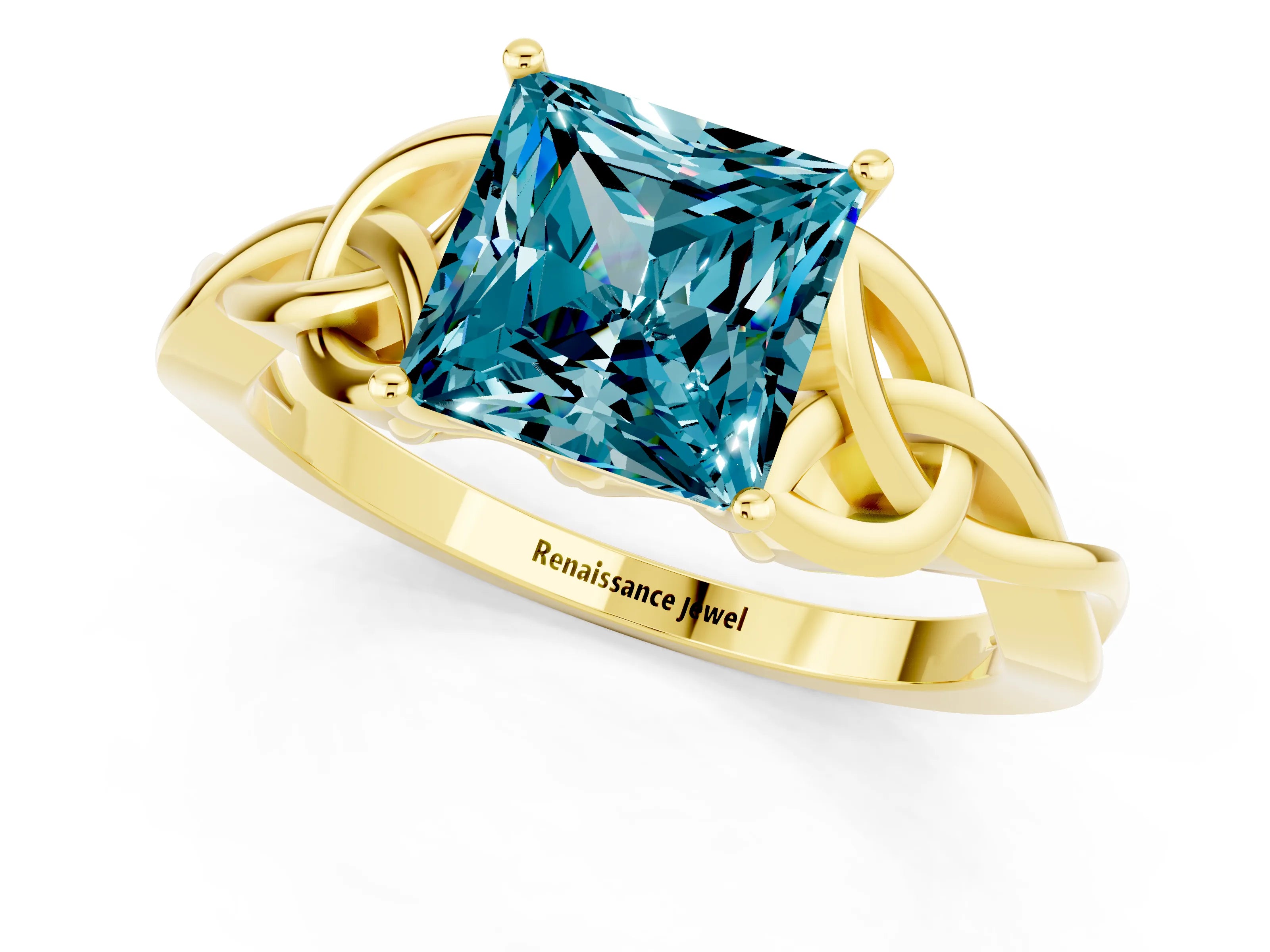 Yellow gold Princess Cut Blue Topaz Solitaire Engagement Ring with Celtic Knot Band and Four-Prong Setting_1