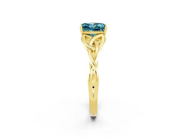 Yellow gold Princess Cut Blue Topaz Solitaire Engagement Ring with Celtic Knot Band and Four-Prong Setting