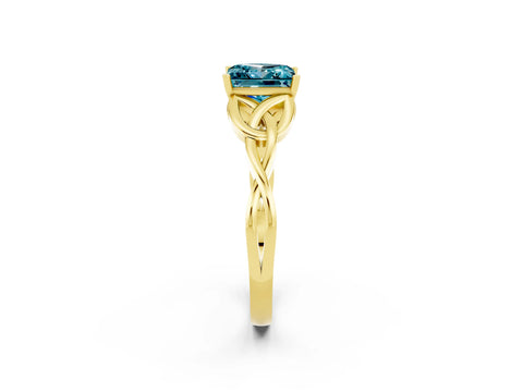 Yellow gold Princess Cut Blue Topaz Solitaire Engagement Ring with Celtic Knot Band and Four-Prong Setting_2