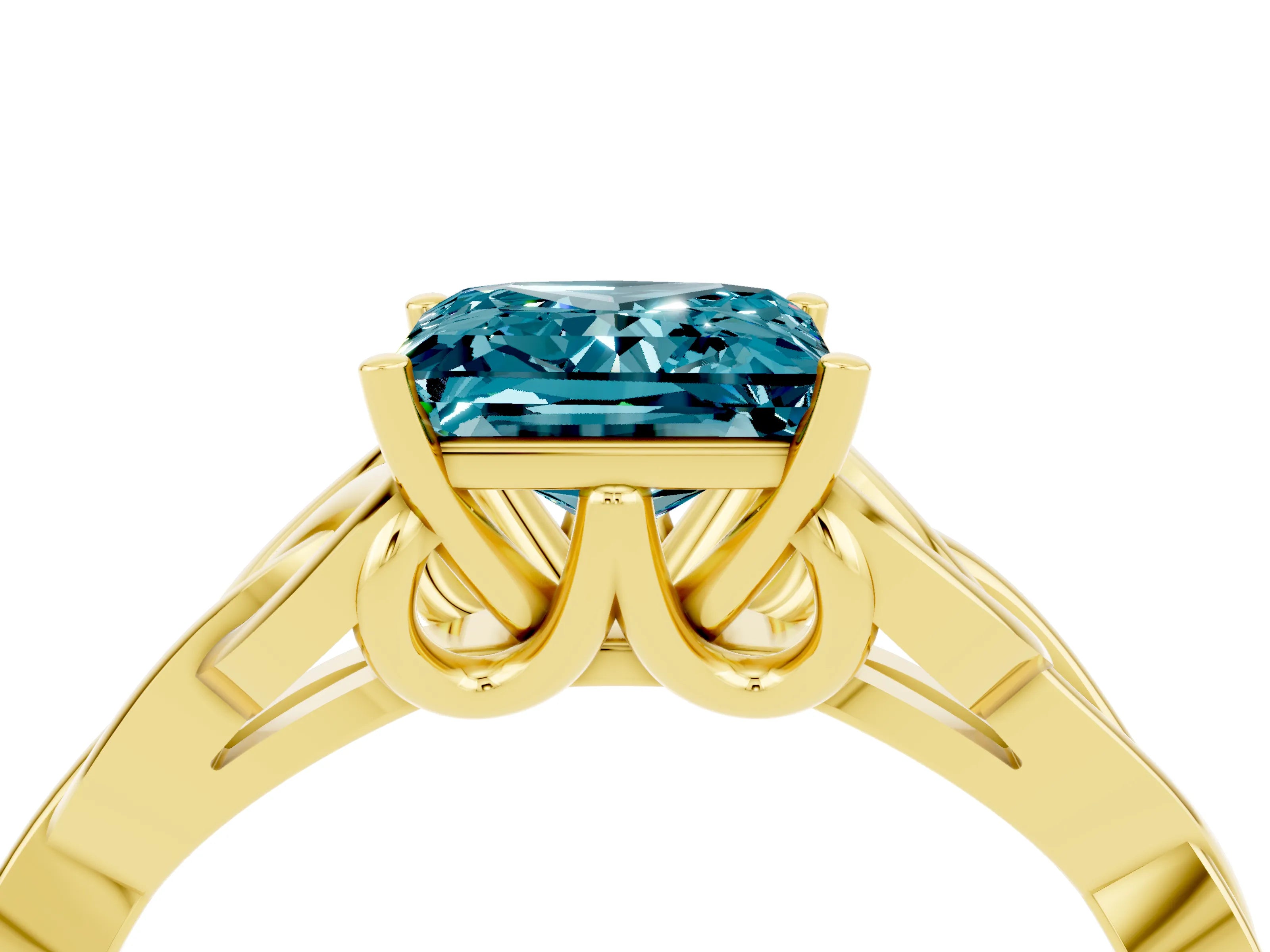 Yellow gold Princess Cut Blue Topaz Solitaire Engagement Ring with Celtic Knot Band and Four-Prong Setting_4