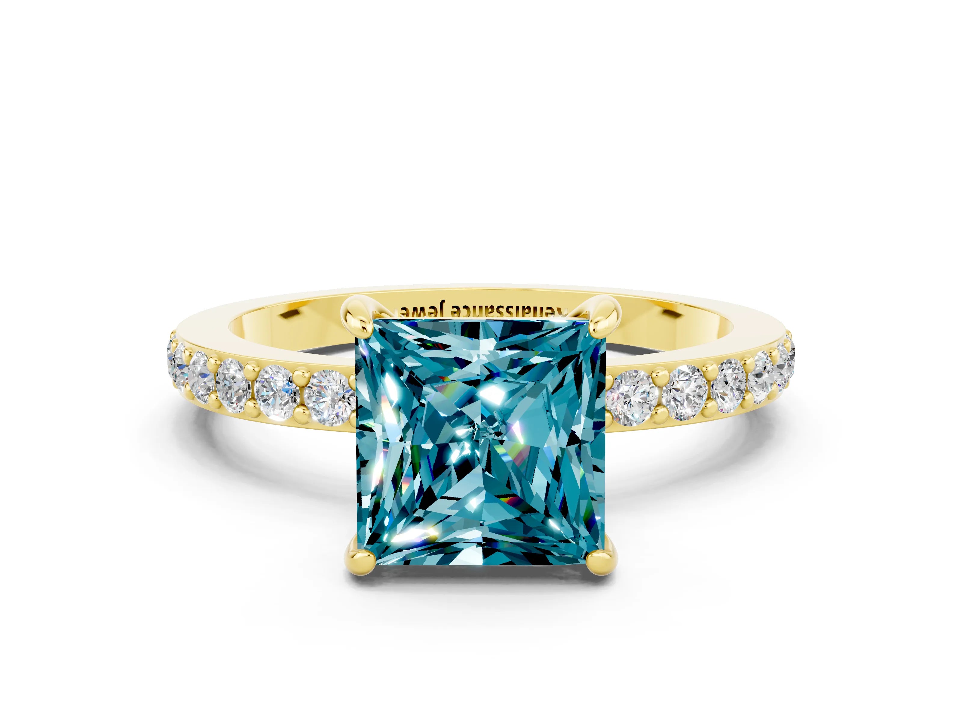 Yellow gold Princess Cut Blue Topaz Solitaire Engagement Ring with Pavé Band and Four-Prong Setting