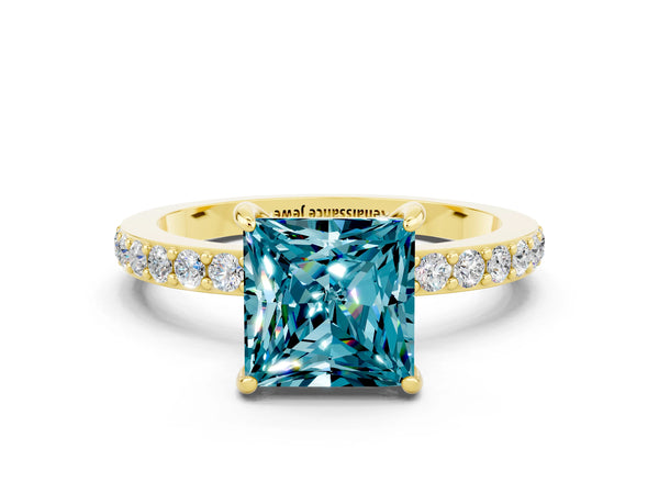 Yellow gold Princess Cut Blue Topaz Solitaire Engagement Ring with Pavé Band and Four-Prong Setting