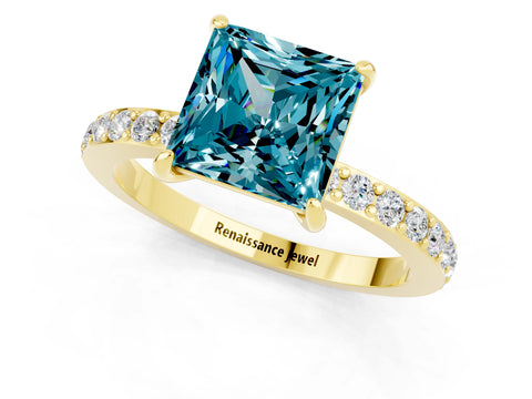 Yellow gold Princess Cut Blue Topaz Solitaire Engagement Ring with Pavé Band and Four-Prong Setting_1