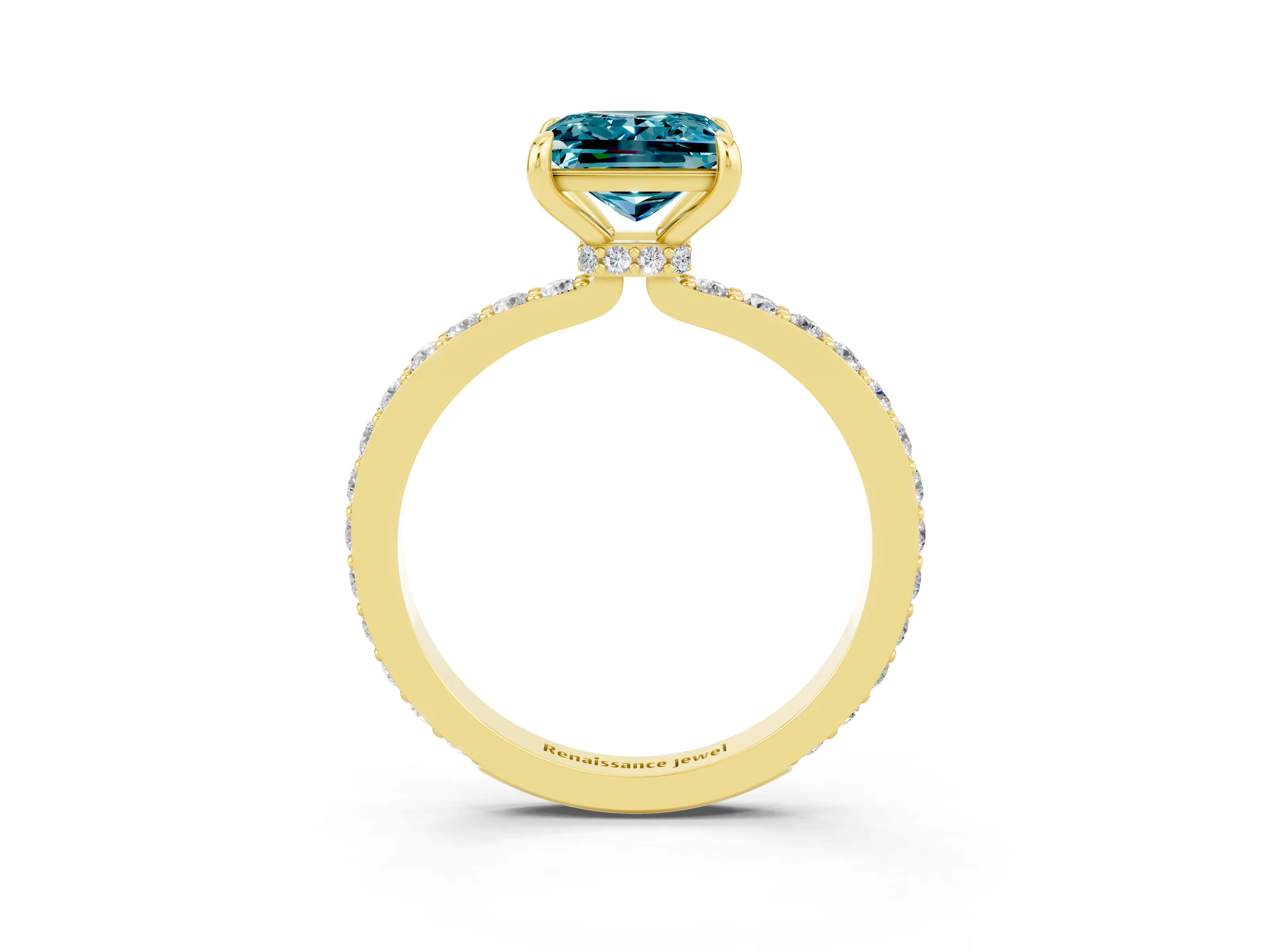 Yellow gold Princess Cut Blue Topaz Solitaire Engagement Ring with Pavé Band and Four-Prong Setting_3