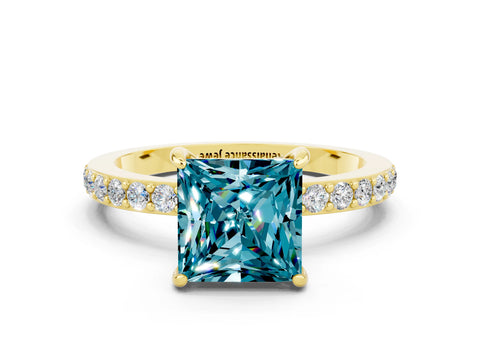 Yellow gold Princess Cut Blue Topaz Solitaire Engagement Ring with Pavé Band and Four-Prong Setting