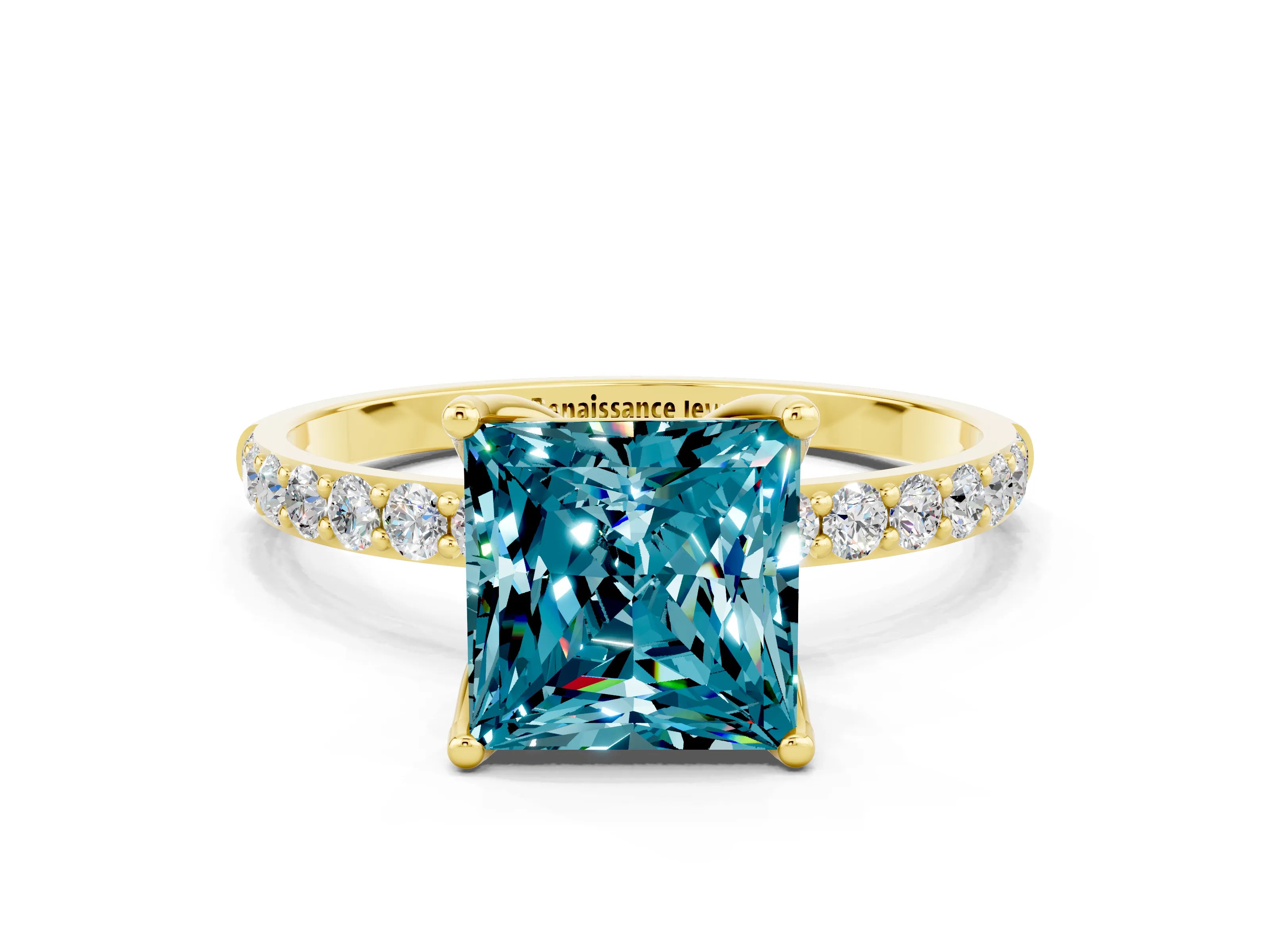 Yellow gold Princess Cut Blue Topaz Solitaire Engagement Ring with Pavé Band and Prong Setting