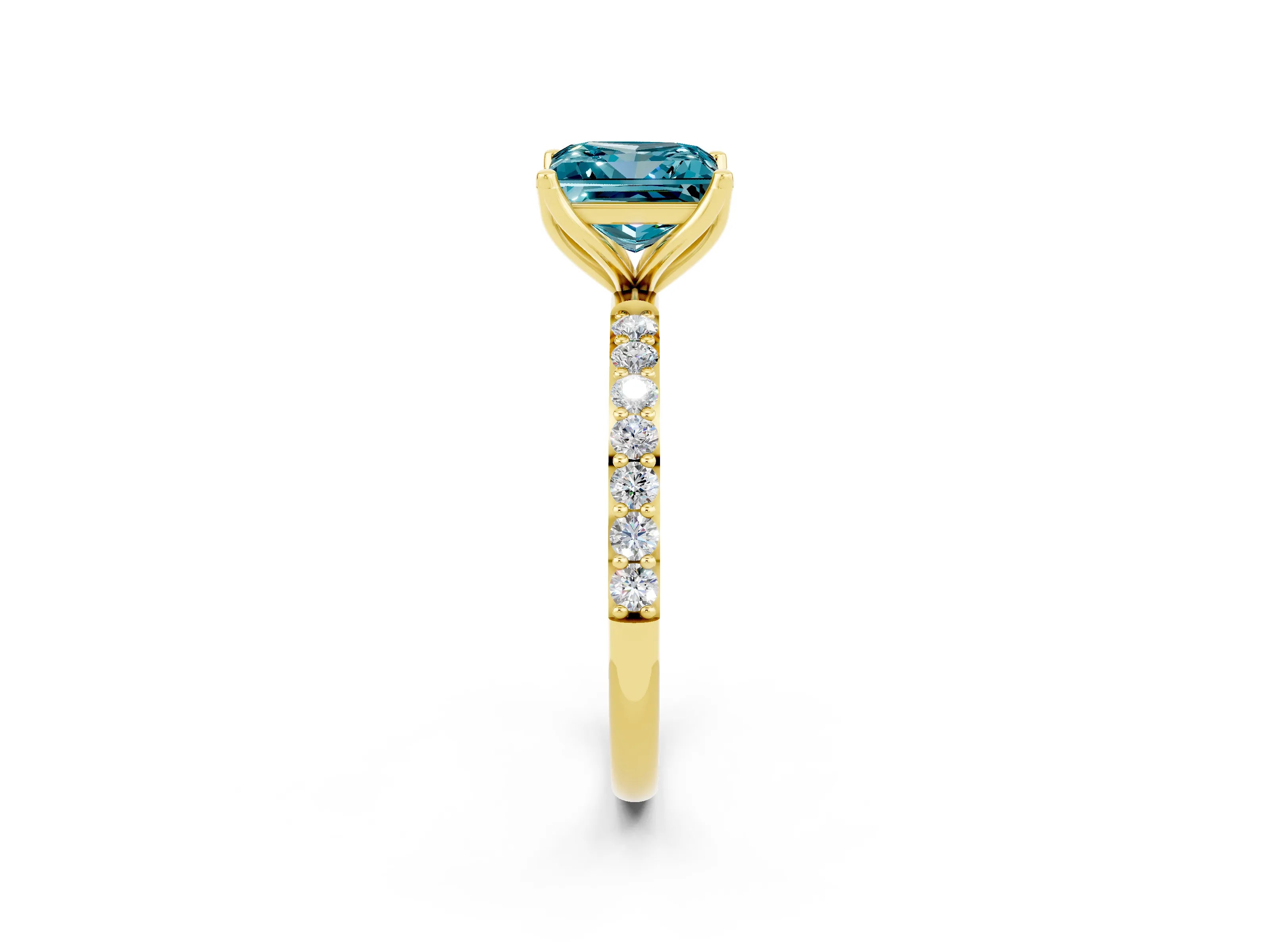 Yellow gold Princess Cut Blue Topaz Solitaire Engagement Ring with Pavé Band and Prong Setting_2