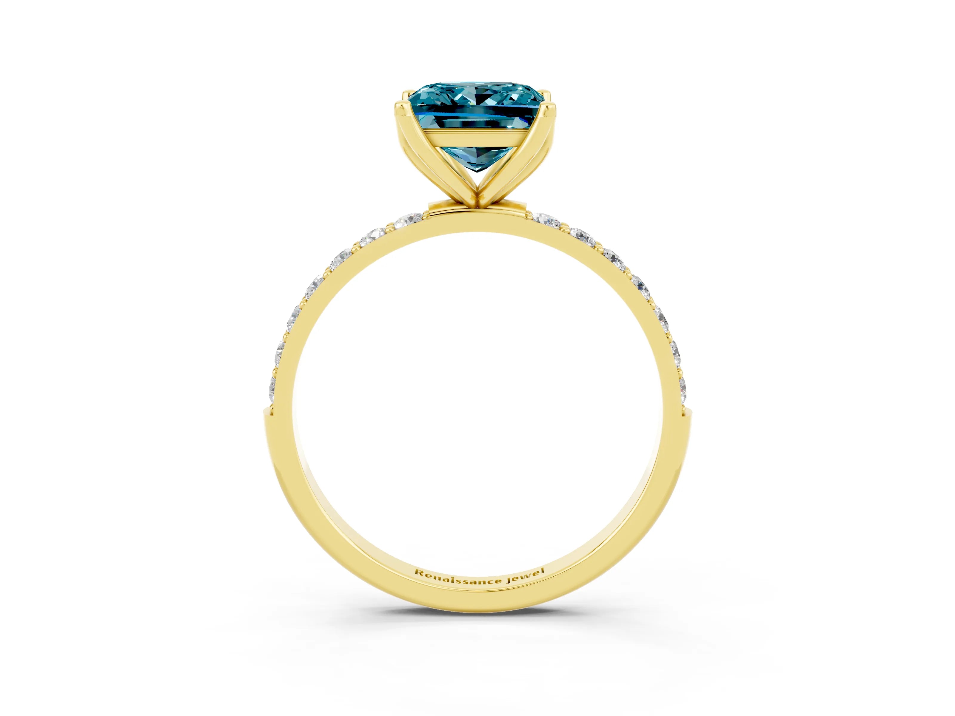 Yellow gold Princess Cut Blue Topaz Solitaire Engagement Ring with Pavé Band and Prong Setting_3