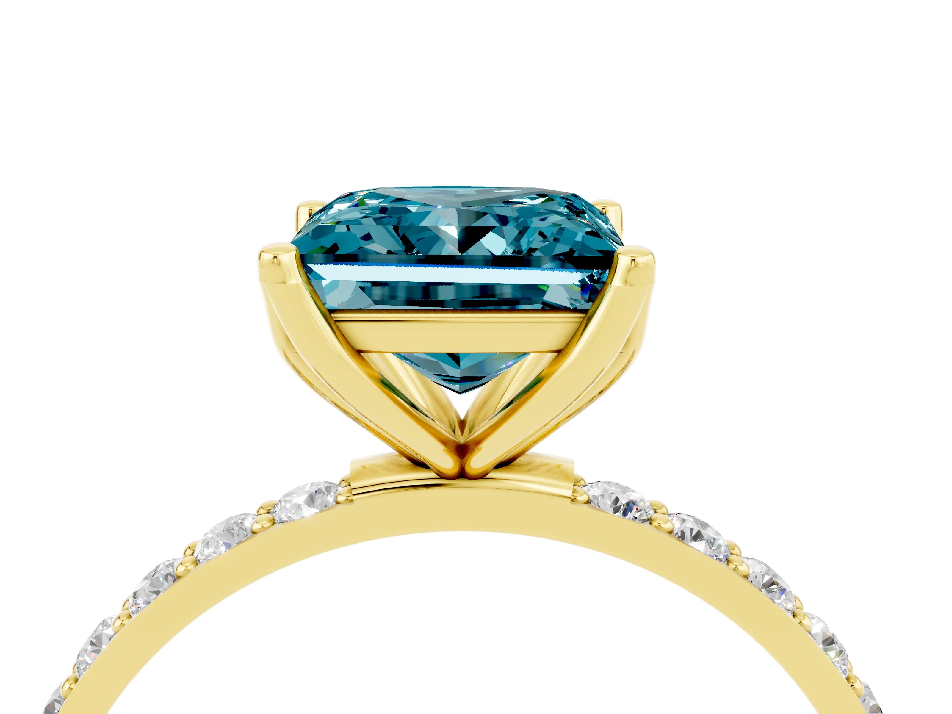 Yellow gold Princess Cut Blue Topaz Solitaire Engagement Ring with Pavé Band and Prong Setting_4
