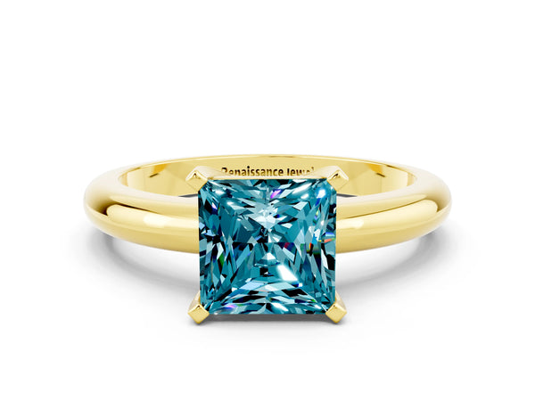 Yellow gold Princess Cut Blue Topaz Solitaire Engagement Ring with Round Band and Four-Prong Setting