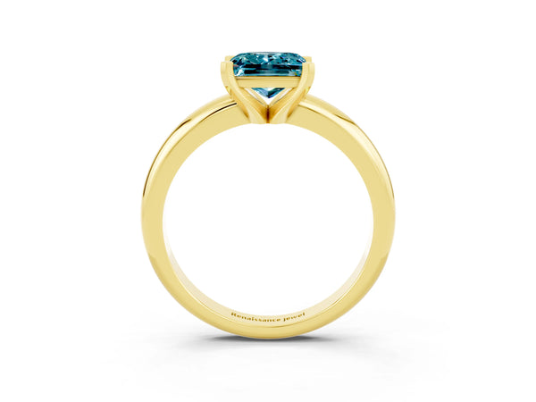 Yellow gold Princess Cut Blue Topaz Solitaire Engagement Ring with Round Band and Four-Prong Setting