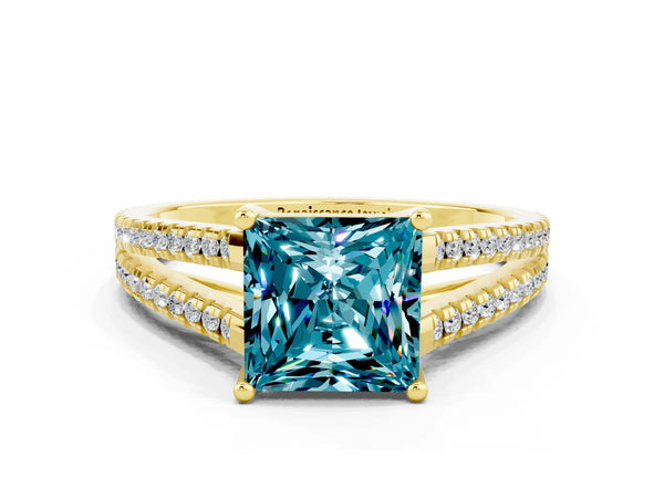 Yellow gold Princess Cut Blue Topaz Solitaire Engagement Ring with Split Shank Pavé Band