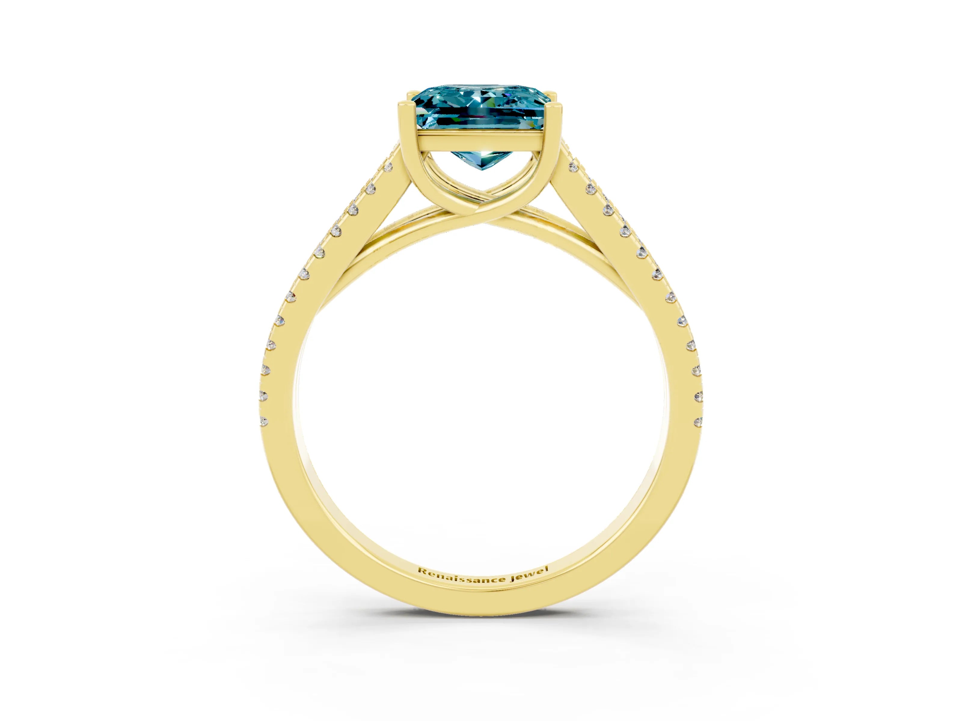 Yellow gold Princess Cut Blue Topaz Solitaire Engagement Ring with Split Shank Pavé Band_3