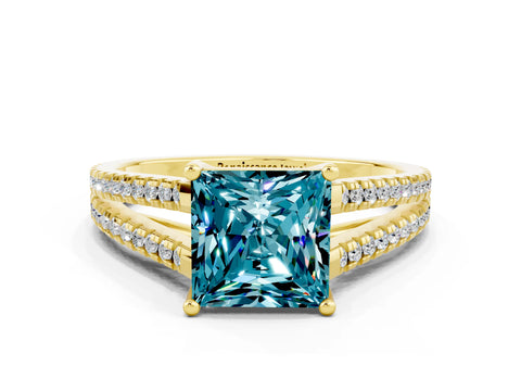 Yellow gold Princess Cut Blue Topaz Solitaire Engagement Ring with Split Shank Pavé Band