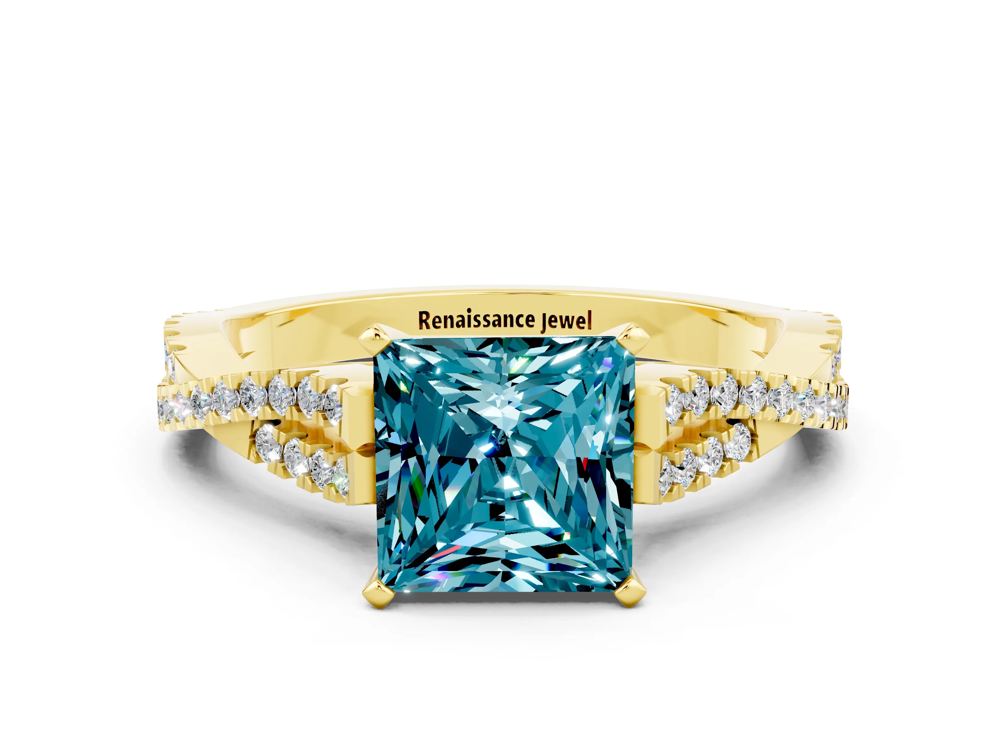 Yellow gold Princess Cut Blue Topaz Solitaire Engagement Ring with Twisted Pavé Band and Four-Prong Setting_12