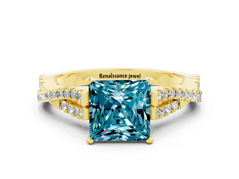Yellow gold Princess Cut Blue Topaz Solitaire Engagement Ring with Twisted Pavé Band and Four-Prong Setting_12