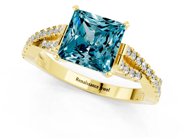 Yellow gold Princess Cut Blue Topaz Solitaire Engagement Ring with Twisted Pavé Band and Four-Prong Setting