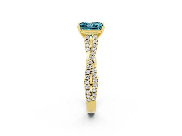 Yellow gold Princess Cut Blue Topaz Solitaire Engagement Ring with Twisted Pavé Band and Four-Prong Setting