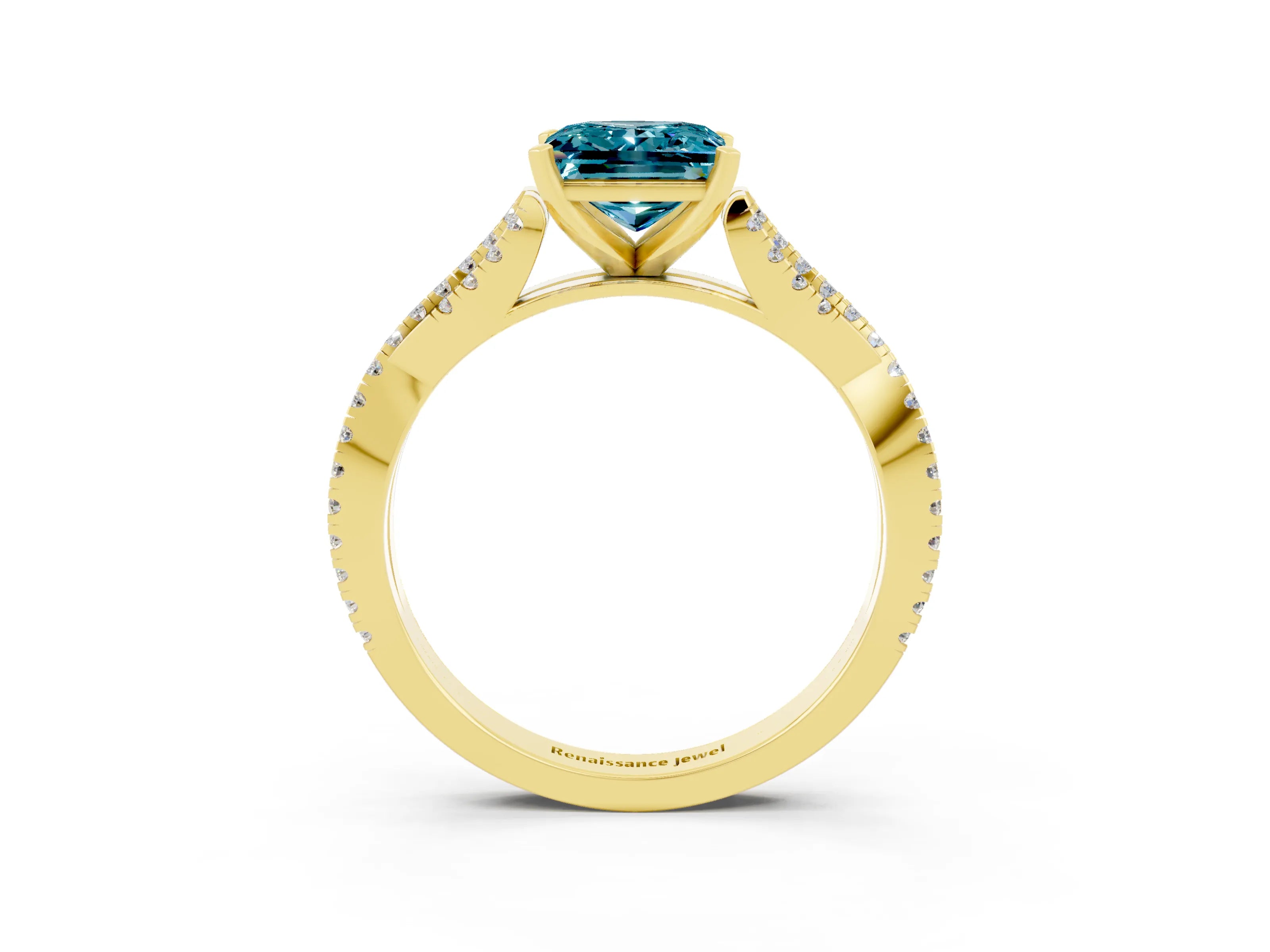 Yellow gold Princess Cut Blue Topaz Solitaire Engagement Ring with Twisted Pavé Band and Four-Prong Setting_15