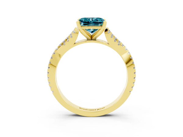 Yellow gold Princess Cut Blue Topaz Solitaire Engagement Ring with Twisted Pavé Band and Four-Prong Setting