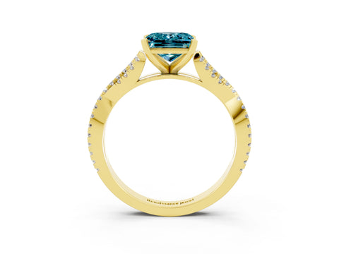 Yellow gold Princess Cut Blue Topaz Solitaire Engagement Ring with Twisted Pavé Band and Four-Prong Setting_15