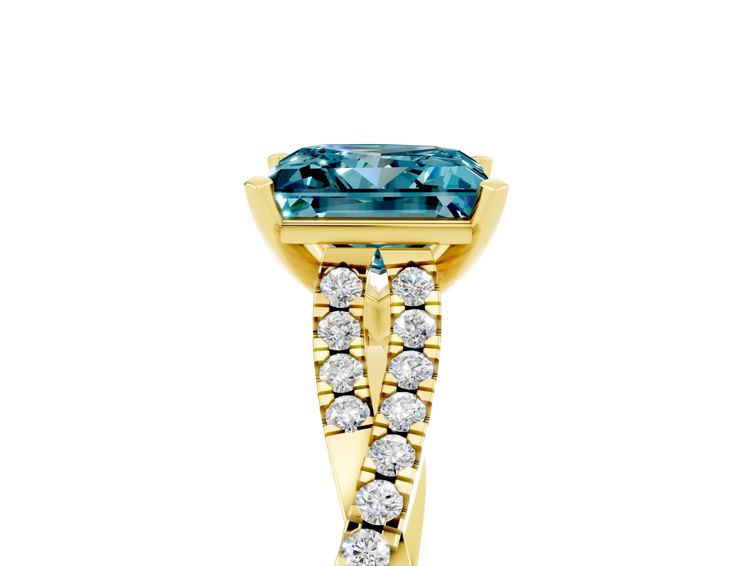 Yellow gold Princess Cut Blue Topaz Solitaire Engagement Ring with Twisted Pavé Band and Four-Prong Setting_17