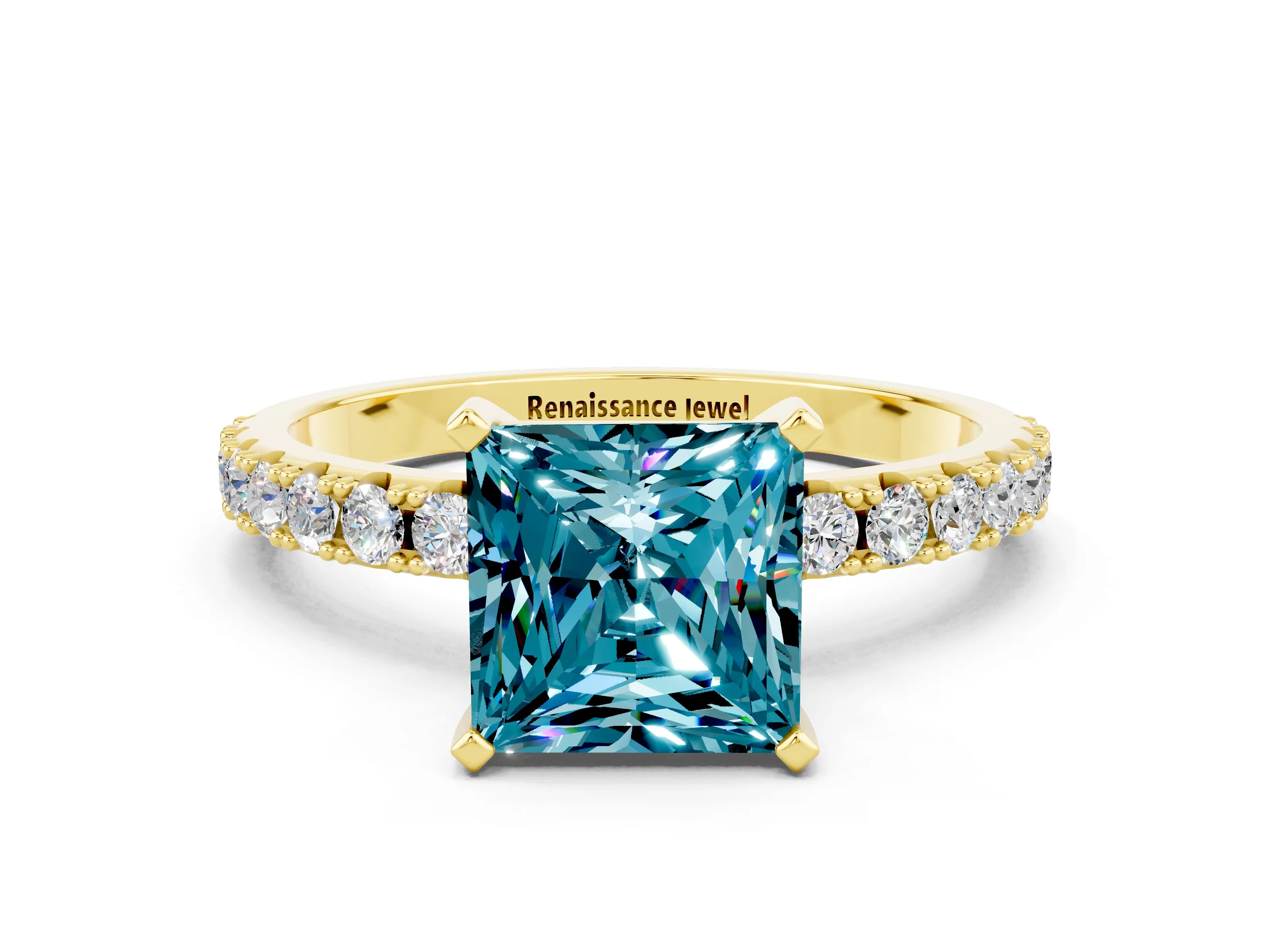 Yellow gold Princess Cut Blue Topaz Solitaire Pavé Band with Four-Prong Setting