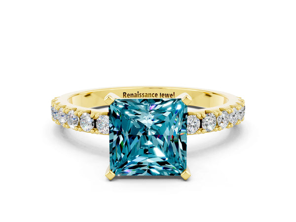 Yellow gold Princess Cut Blue Topaz Solitaire Pavé Band with Four-Prong Setting