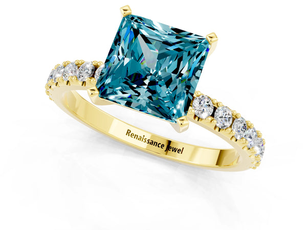 Yellow gold Princess Cut Blue Topaz Solitaire Pavé Band with Four-Prong Setting