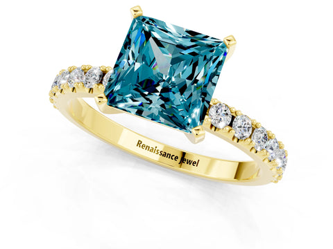 Yellow gold Princess Cut Blue Topaz Solitaire Pavé Band with Four-Prong Setting_1