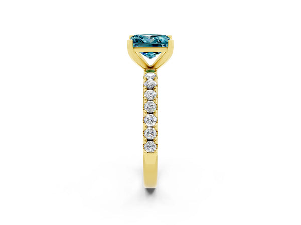 Yellow gold Princess Cut Blue Topaz Solitaire Pavé Band with Four-Prong Setting