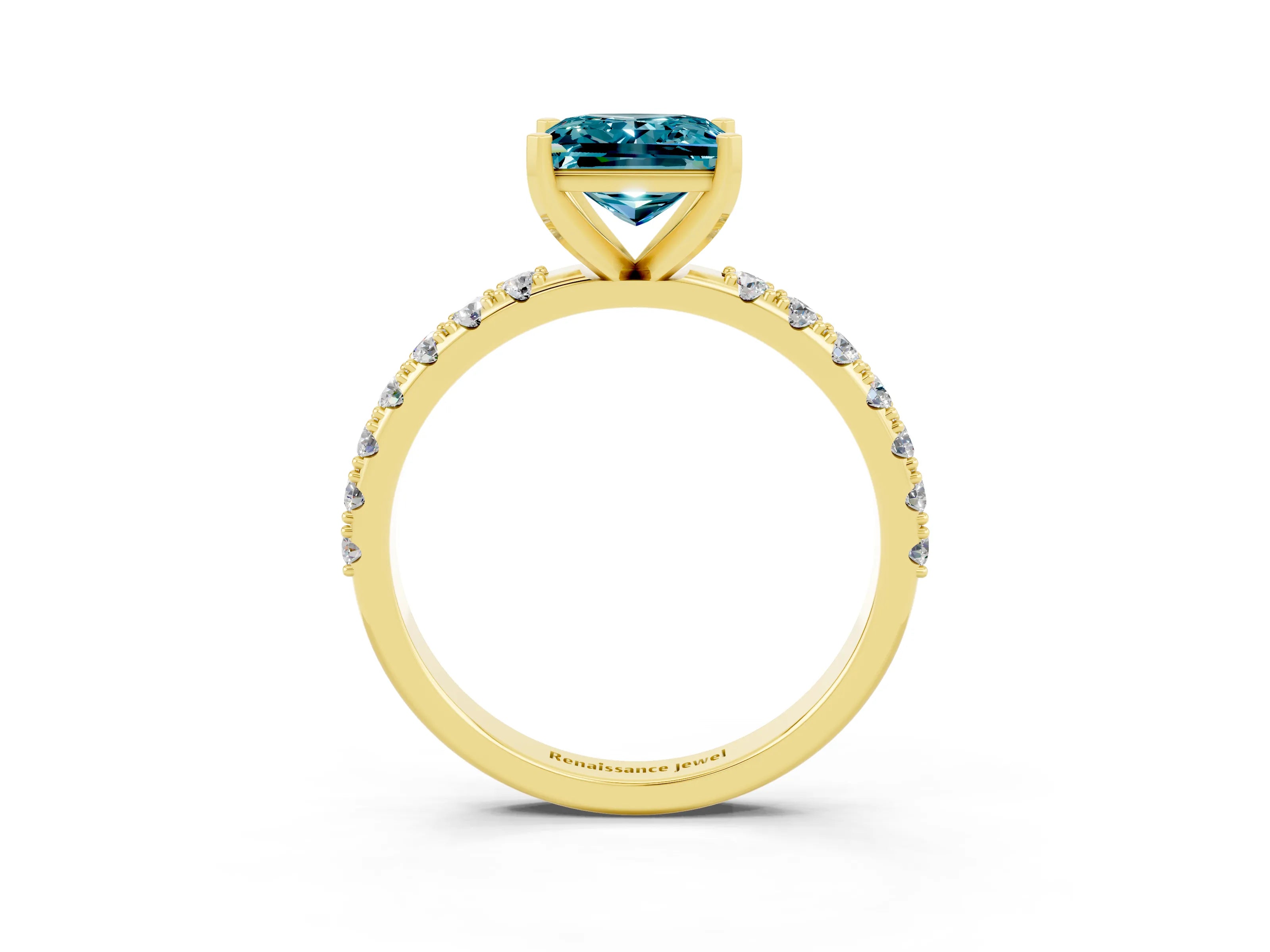 Yellow gold Princess Cut Blue Topaz Solitaire Pavé Band with Four-Prong Setting_3