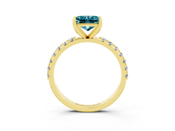 Yellow gold Princess Cut Blue Topaz Solitaire Pavé Band with Four-Prong Setting