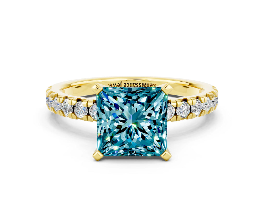 Yellow gold Princess Cut Blue Topaz Solitaire Pavé Engagement Ring with Round Band and Prong Setting_73