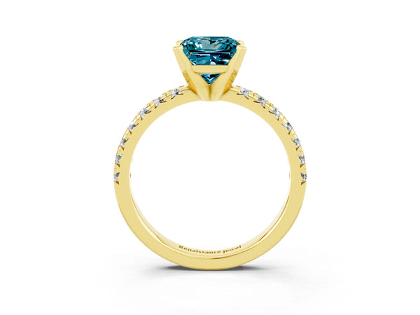 Yellow gold Princess Cut Blue Topaz Solitaire Pavé Engagement Ring with Round Band and Prong Setting