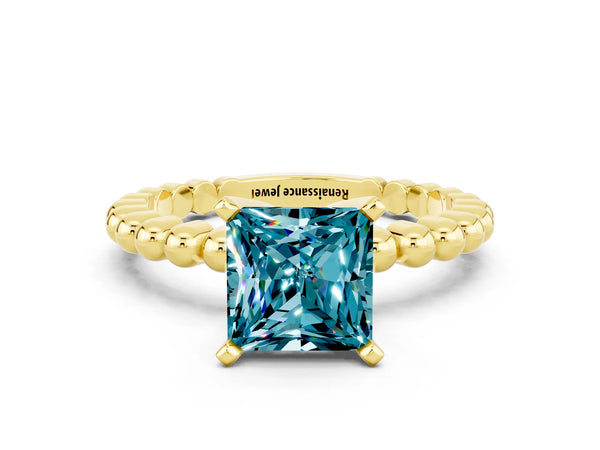 Yellow gold Princess Cut Blue Topaz Solitaire Ring with Beaded Band and Prong Setting