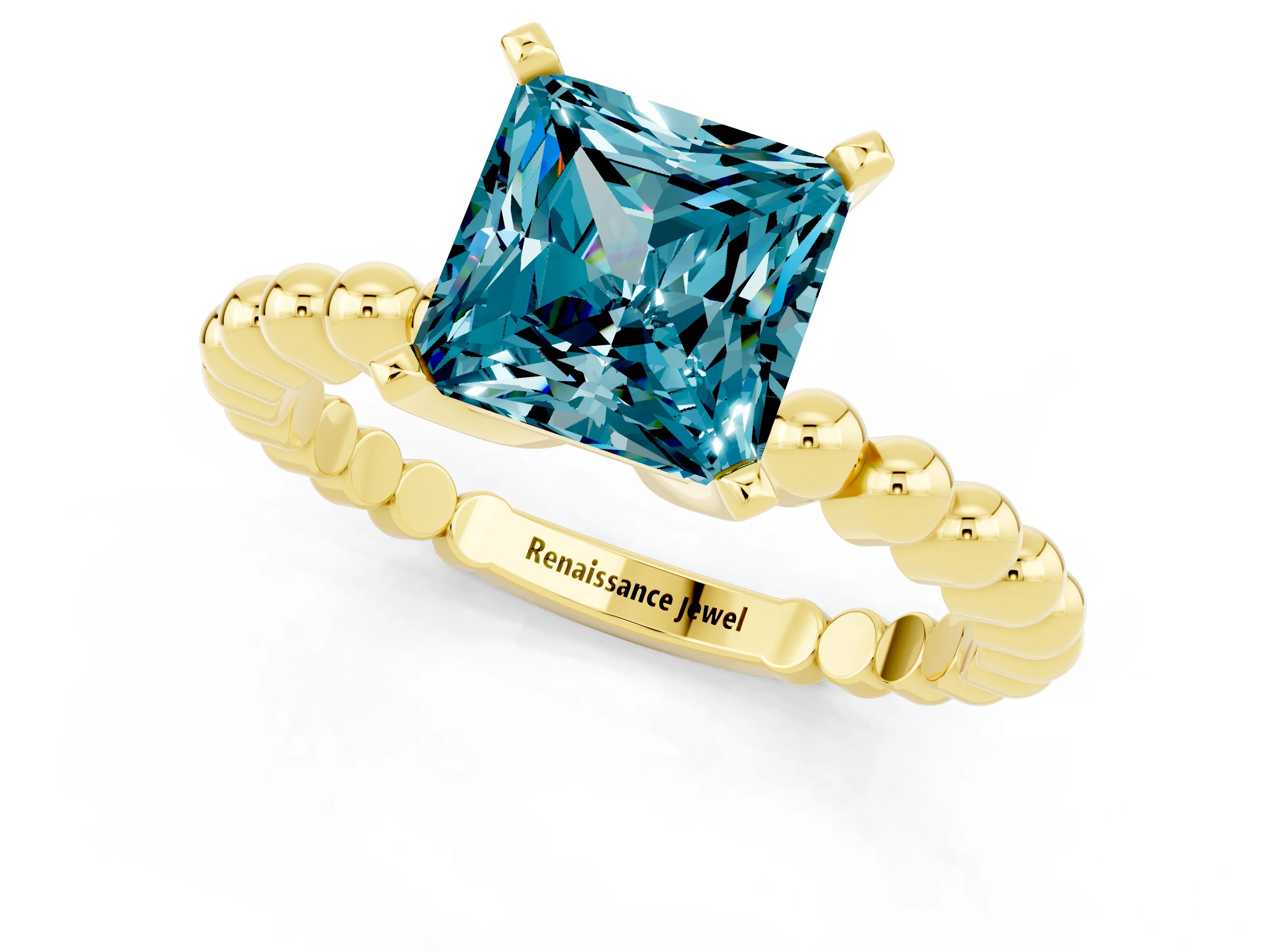 Yellow gold Princess Cut Blue Topaz Solitaire Ring with Beaded Band and Prong Setting_1