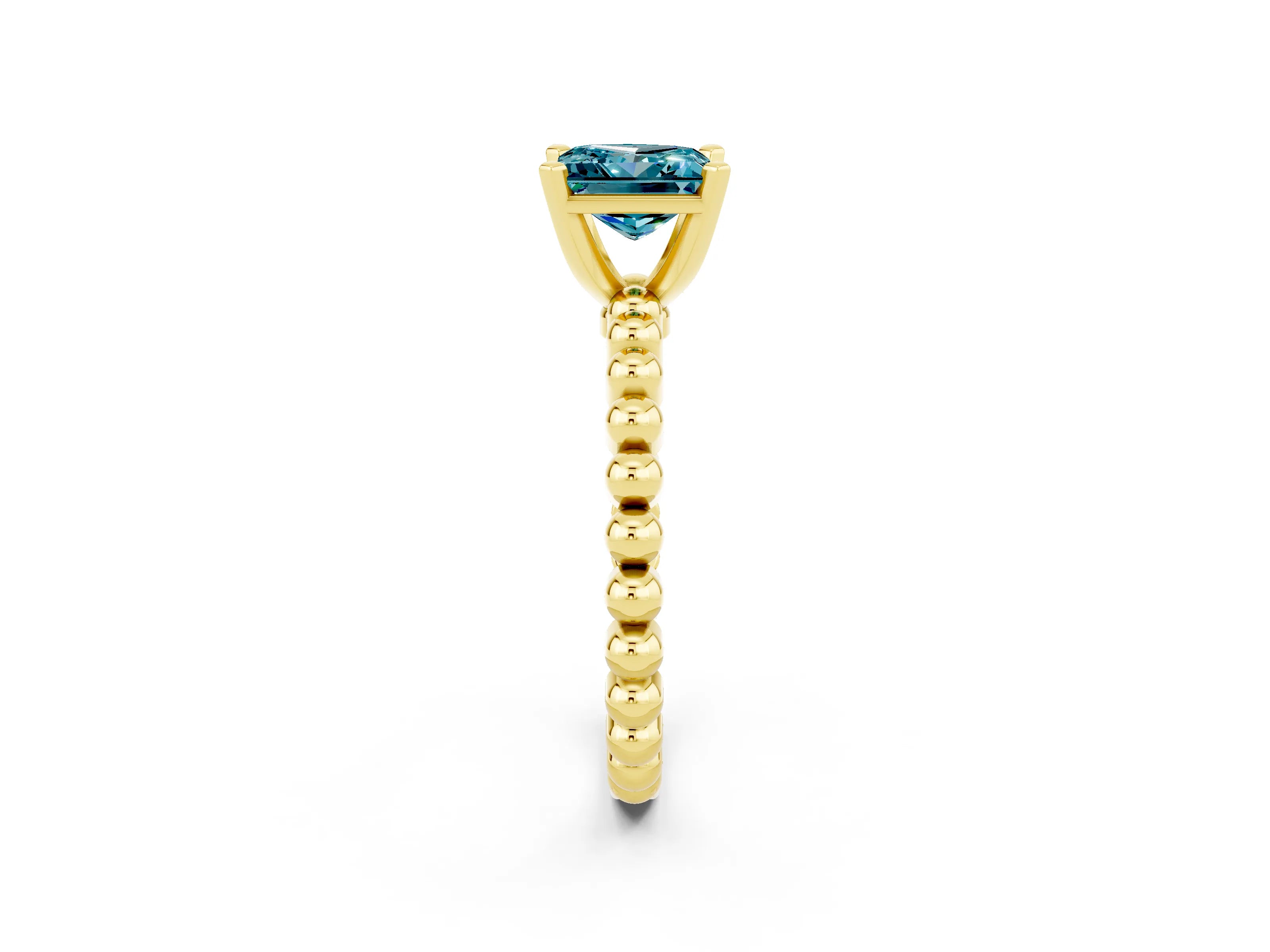 Yellow gold Princess Cut Blue Topaz Solitaire Ring with Beaded Band and Prong Setting_2