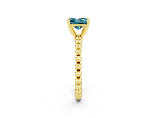 Yellow gold Princess Cut Blue Topaz Solitaire Ring with Beaded Band and Prong Setting
