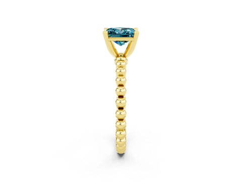 Yellow gold Princess Cut Blue Topaz Solitaire Ring with Beaded Band and Prong Setting_2