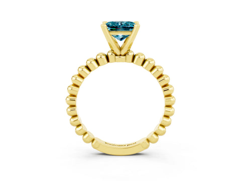 Yellow gold Princess Cut Blue Topaz Solitaire Ring with Beaded Band and Prong Setting_3