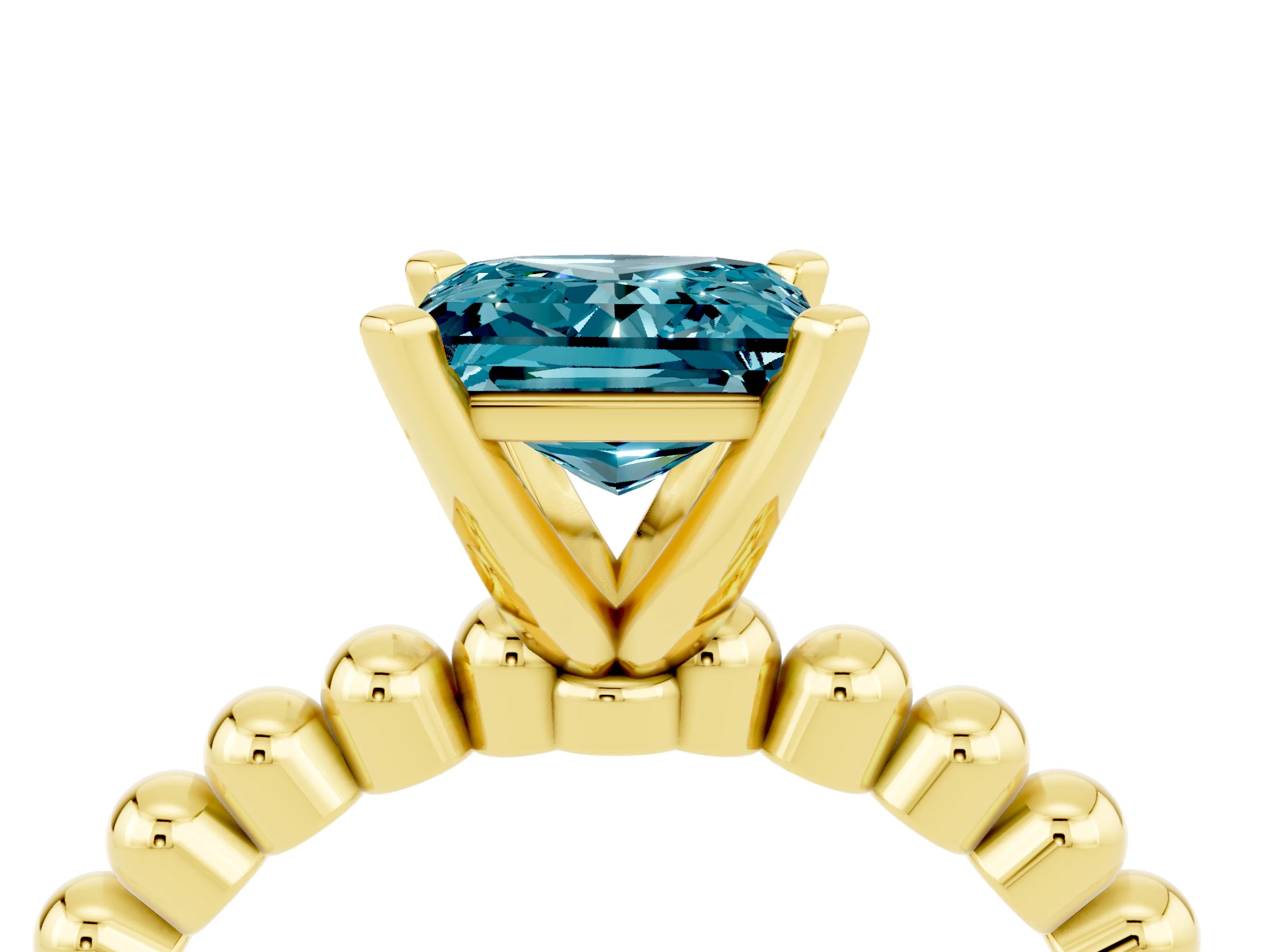 Yellow gold Princess Cut Blue Topaz Solitaire Ring with Beaded Band and Prong Setting_4