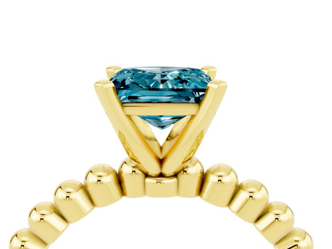 Yellow gold Princess Cut Blue Topaz Solitaire Ring with Beaded Band and Prong Setting_4