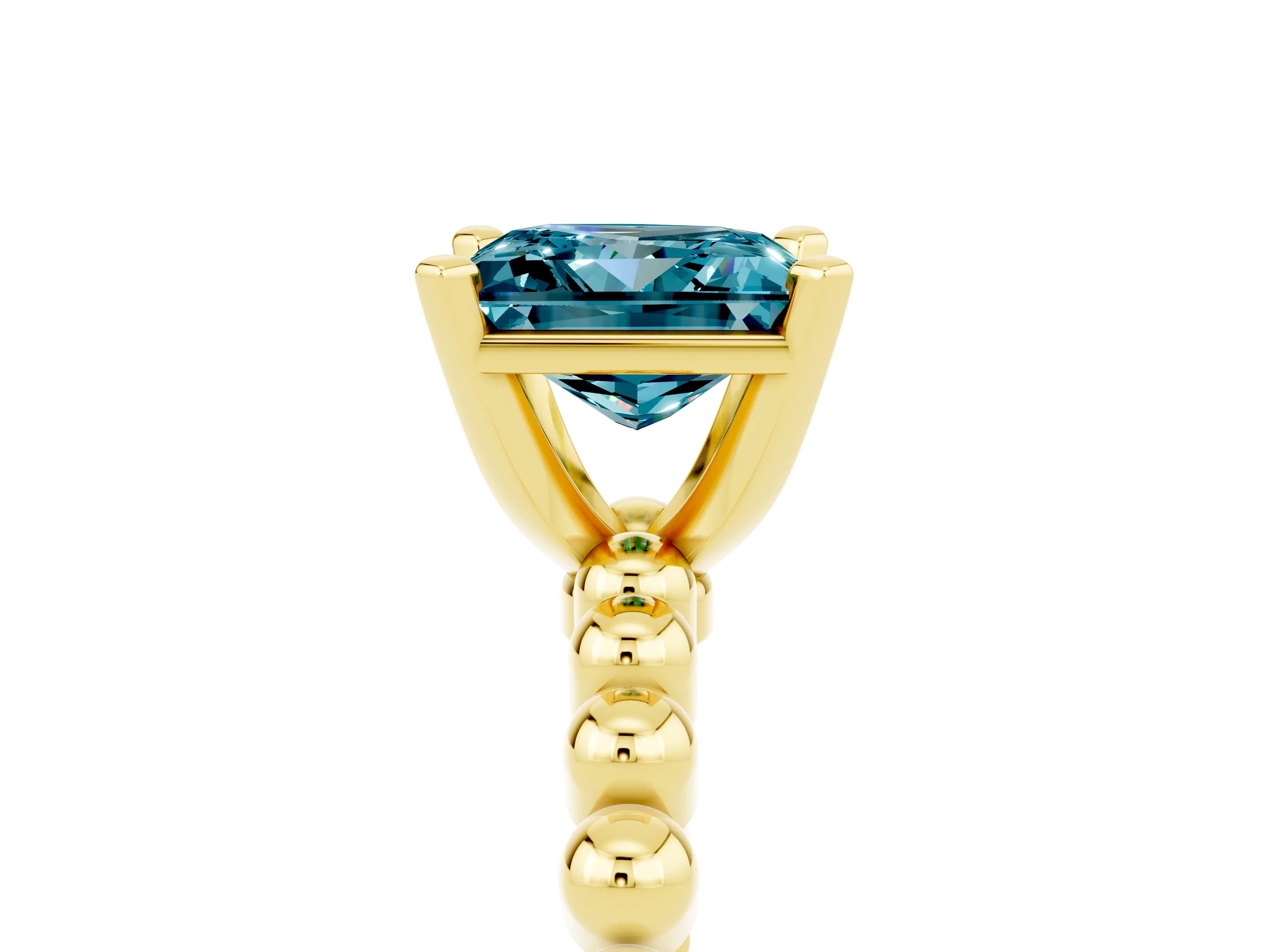 Yellow gold Princess Cut Blue Topaz Solitaire Ring with Beaded Band and Prong Setting_5