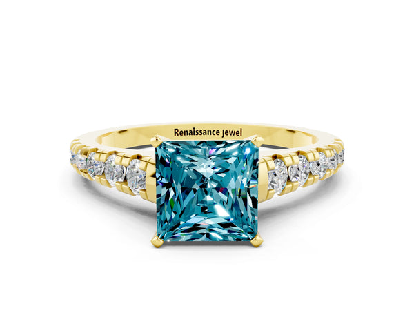 Yellow gold Princess Cut Blue Topaz Cathedral Solitaire Ring with Round  Pavé Band