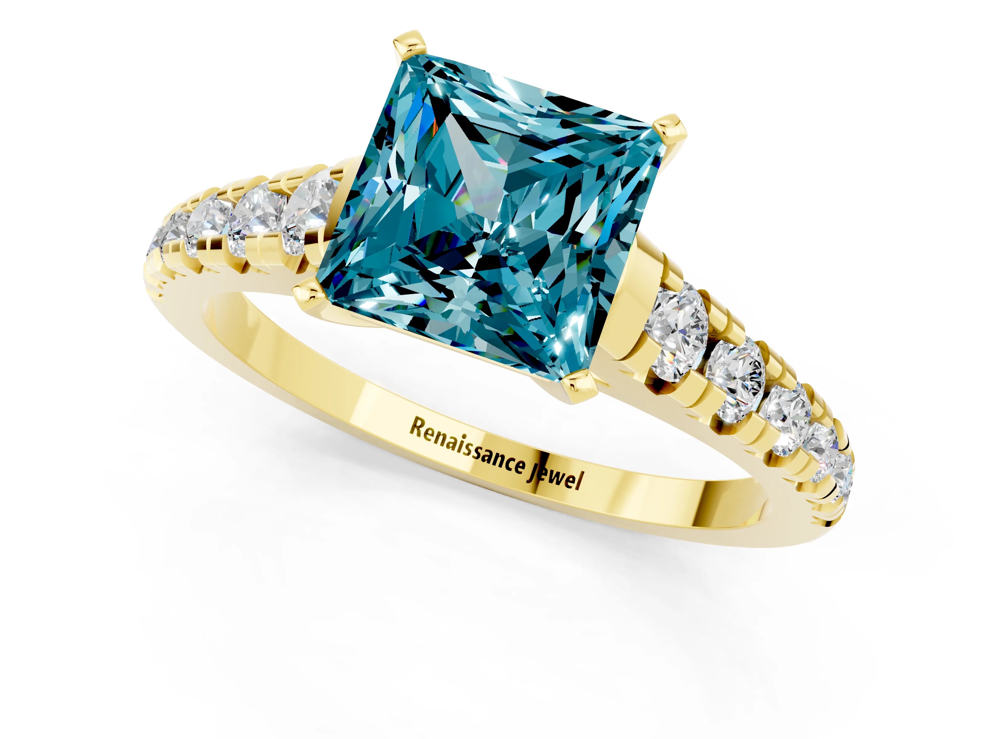 Yellow gold Princess Cut Blue Topaz Solitaire Ring with Cathedral Setting and Pavé Band_1