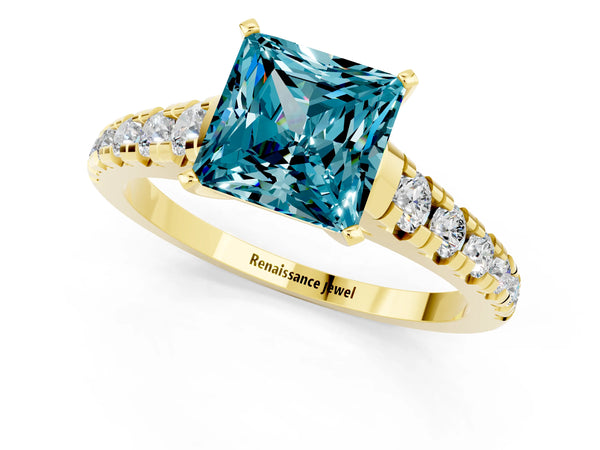 Yellow gold Princess Cut Blue Topaz Cathedral Solitaire Ring with Round  Pavé Band