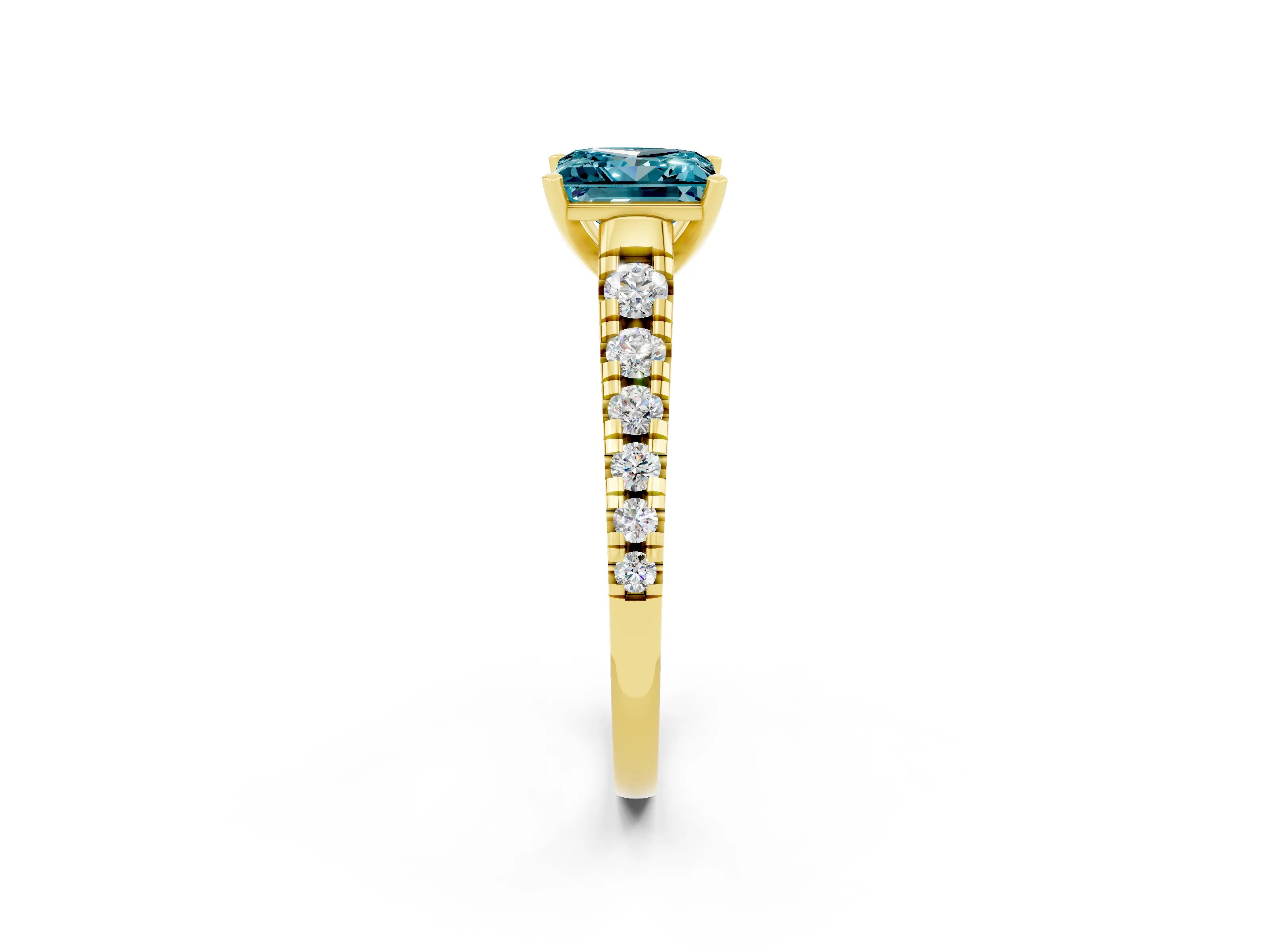 Yellow gold Princess Cut Blue Topaz Solitaire Ring with Cathedral Setting and Pavé Band_2