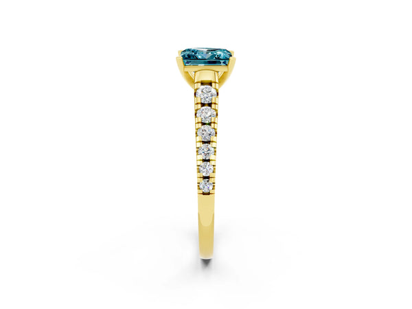Yellow gold Princess Cut Blue Topaz Cathedral Solitaire Ring with Round  Pavé Band
