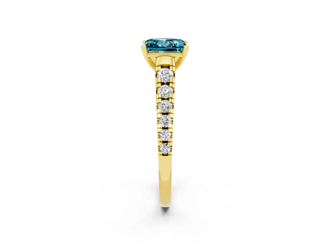 Yellow gold Princess Cut Blue Topaz Solitaire Ring with Cathedral Setting and Pavé Band_2